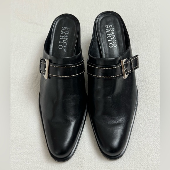 Franco Sarto Black Leather Slip On Mules Size 9.5 Crossover Buckle Classic Boho - Picture 11 of 12